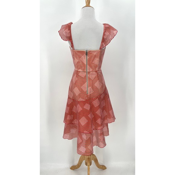 ALICE + OLIVIA Angelita Dress Women 4 Red Pink Sheer Stripe Ruffle Layered Party - Picture 3 of 16